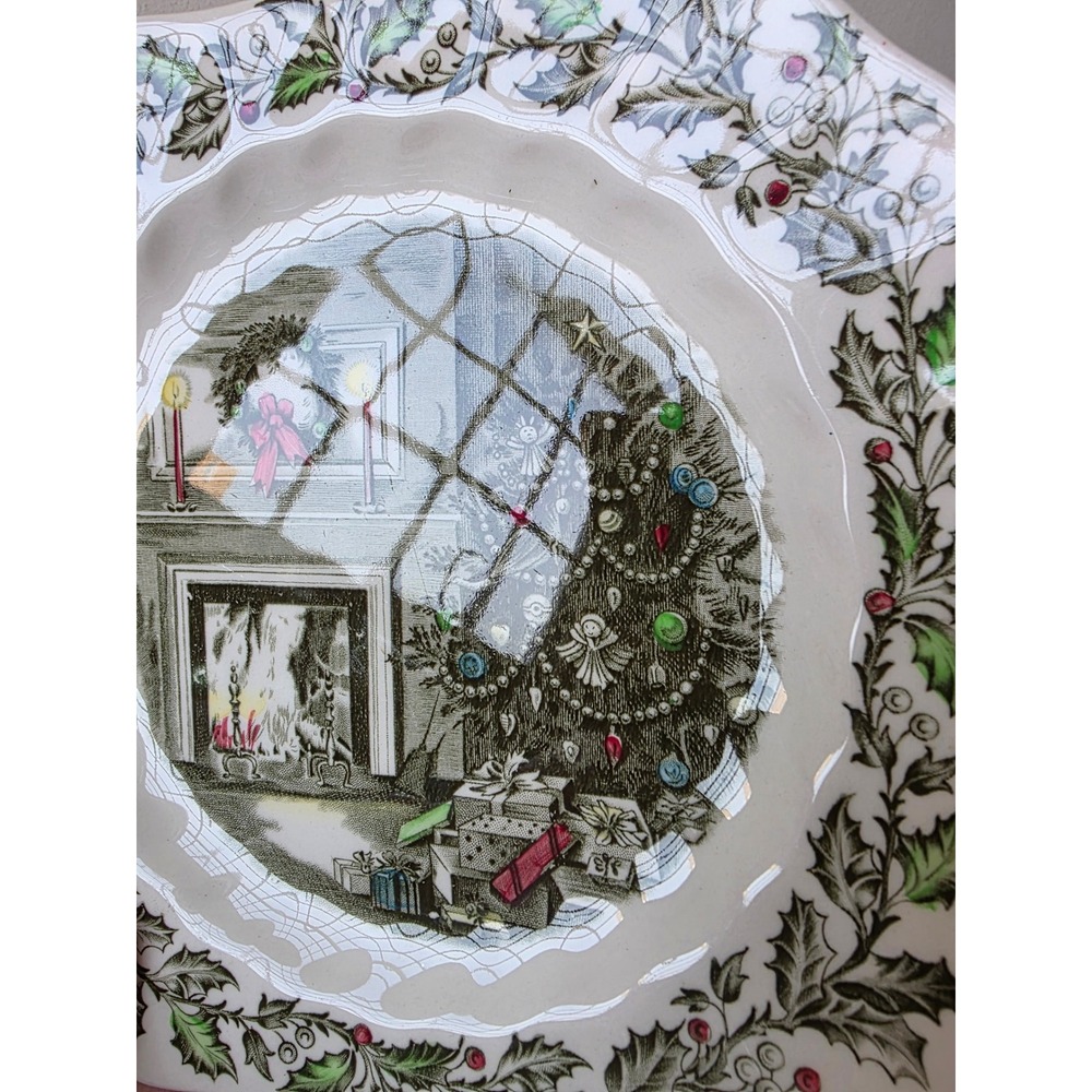 Vintage Johnson bros Merry Christmas salad dessert plate tree fireplace Holly - Picture 3 of 8